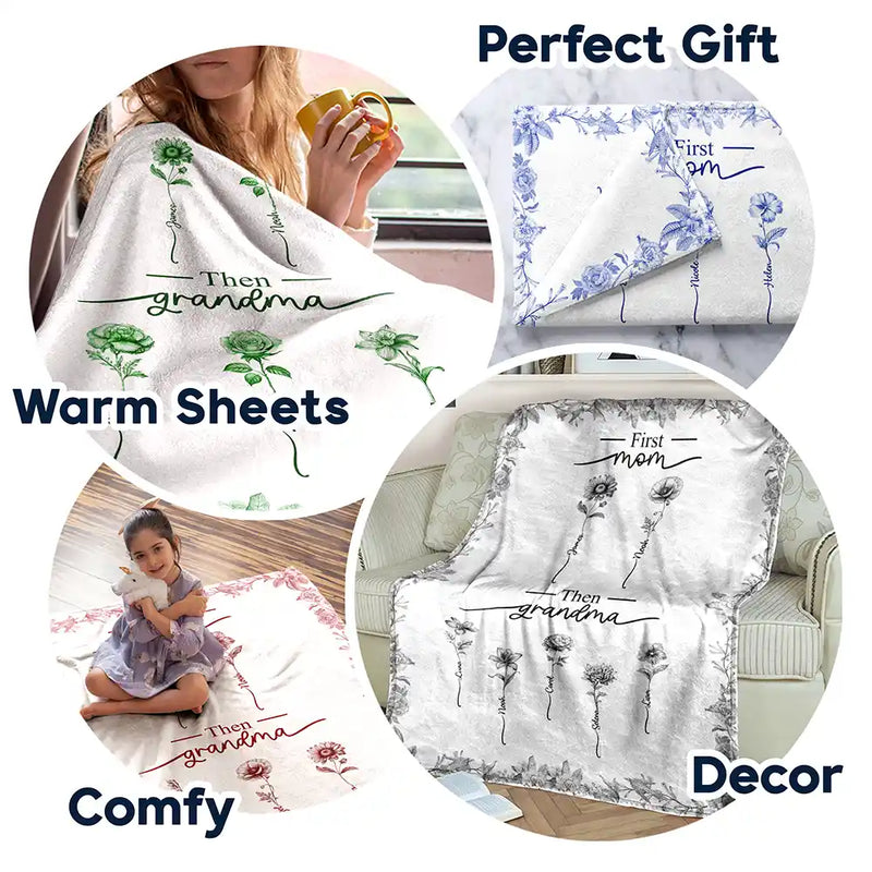 Christmas,Grandma - Grandkids,Gift For Grandma,Happy - First Mom Then Grandma Birth Month Flower Chinoiserie Toile - Personalized Fleece Blanket, Sherpa Blanket
