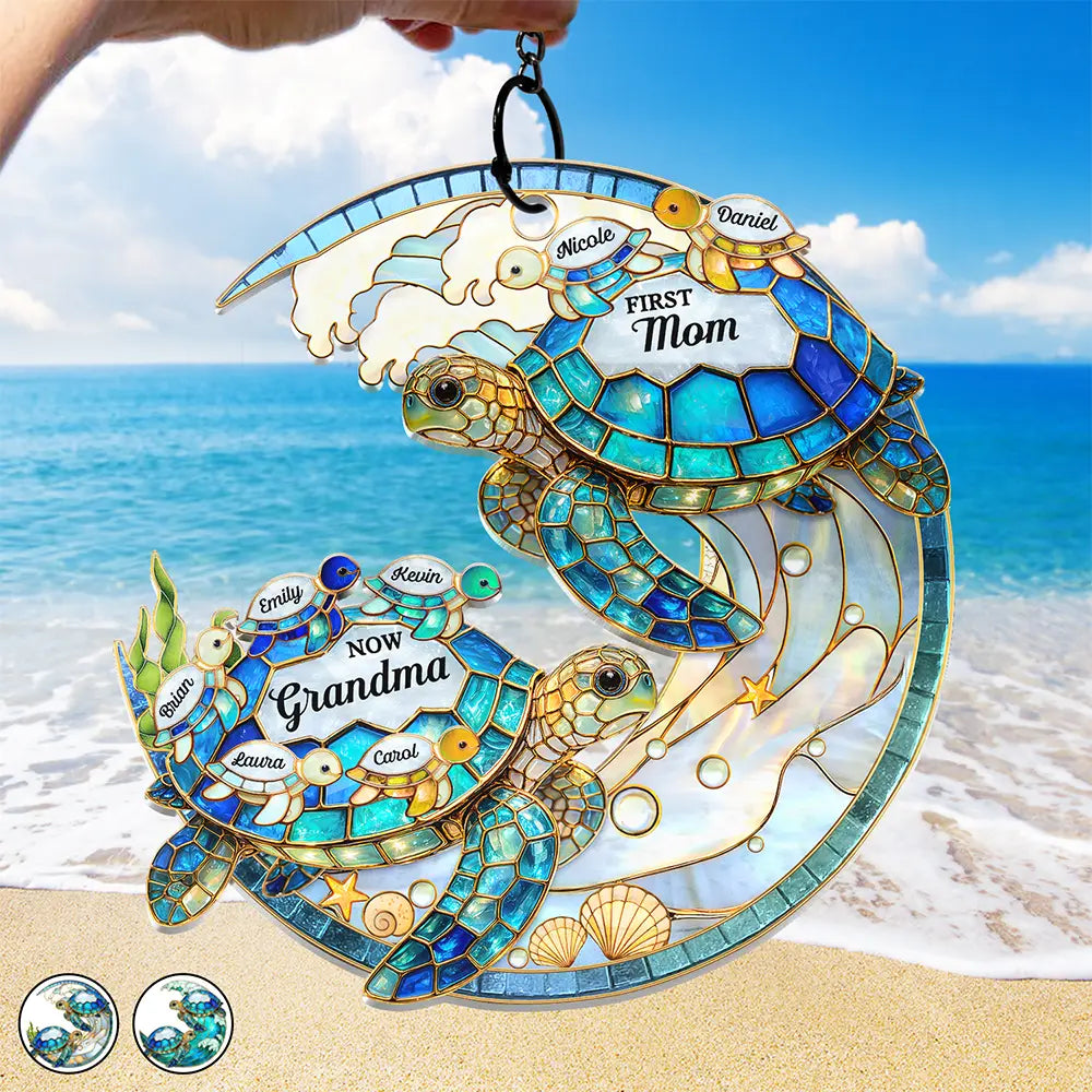 Gift For Grandma,Grandma - Grandkids,Happy,Icon - First Mom Now Grandma Stained Glass Turtle - Personalized Window Hanging Suncatcher Ornament