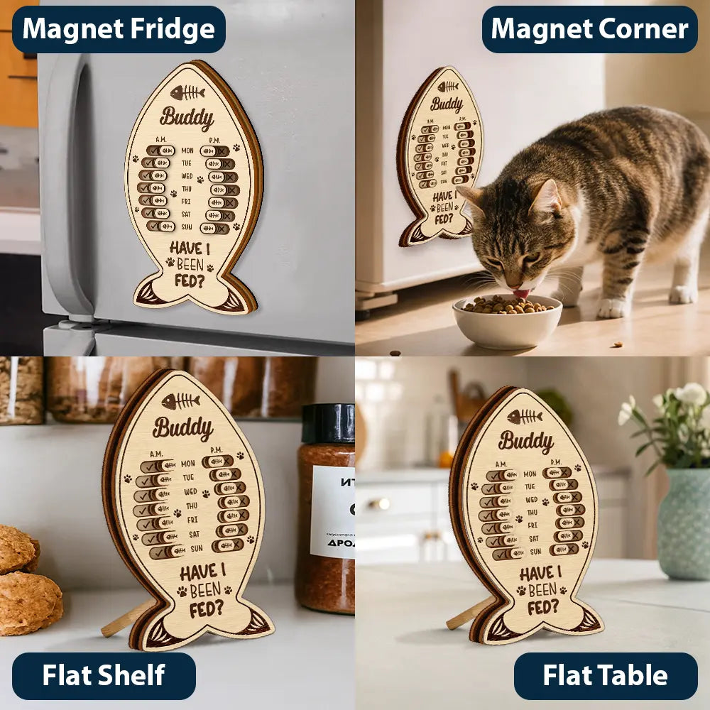 Cat Lovers,Cat Mom,Cat Couple,Cat Dad - Fish Bone Shaped Feeding And Medication Tracker - Personalized Wooden Pet Feeding Reminder
