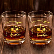 Gift For Father,Gift For Grandpa,Happy,Fishing,Non-Eng,Proud - Fishing We Are Hooked On Daddy - Personalized Whiskey Glass