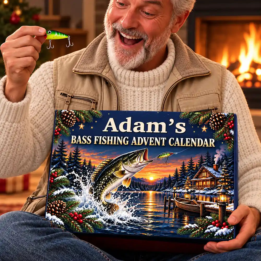 Christmas, Custom Text, Fishing, Happy - Fishing Gift For Husband And Son, Daughter - Personalized Custom Name Christmas Countdown Box Advent Calendar