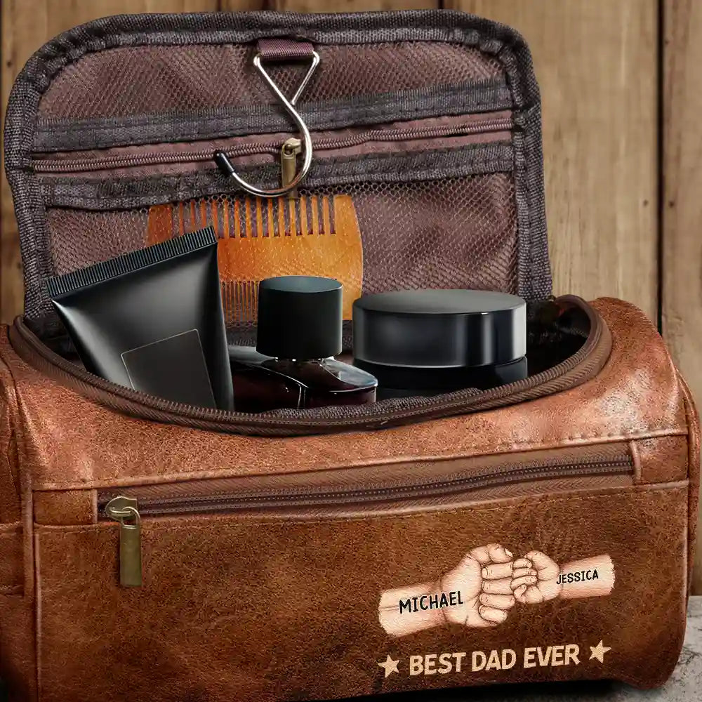 Fist Bump Best Dad Grandpa Papa Ever - Personalized Leather Toiletry Bag
