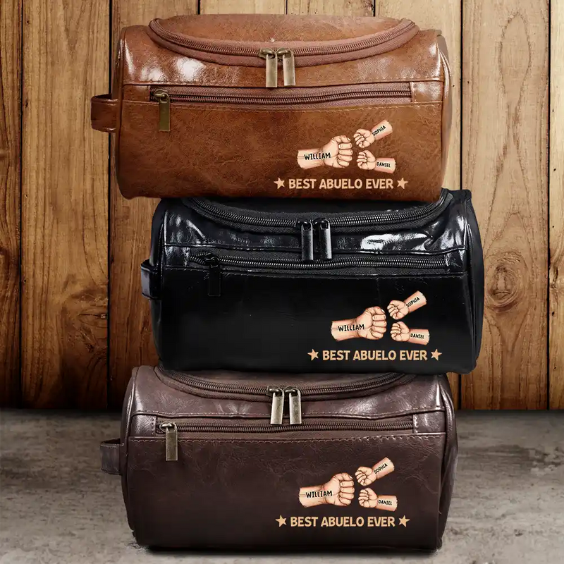 Gift For Yourself, Gift For Men, Grandpa - Grandkids, Gift For Grandpa, Gift For Father, Dad - Children, Dad - Sons, Dad - Daughters (Young), Dad - Daughters (Adult), Love - Fist Bump Best Dad Grandpa Papa Ever - Personalized Leather Toiletry Bag