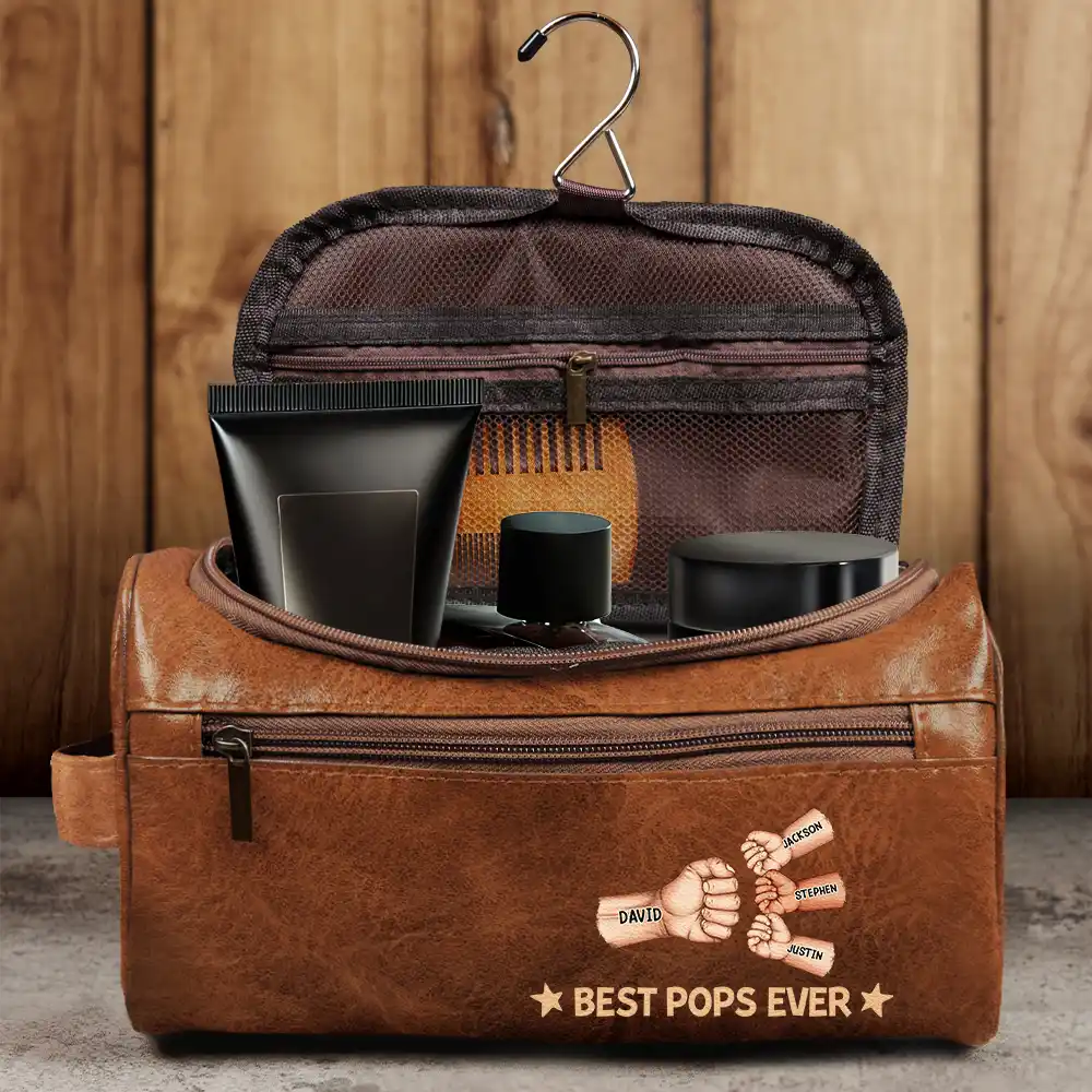 Gift For Yourself, Gift For Men, Grandpa - Grandkids, Gift For Grandpa, Gift For Father, Dad - Children, Dad - Sons, Dad - Daughters (Young), Dad - Daughters (Adult), Love - Fist Bump Best Dad Grandpa Papa Ever - Personalized Leather Toiletry Bag