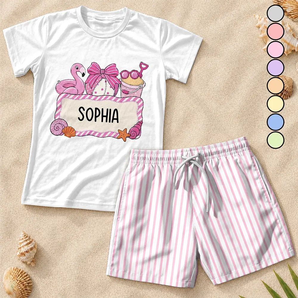 Gift For Kids, Beach, Summer, Adorable, Icon - Flamingo Shark Summer Custom Name - Personalized Kids Clothing Set