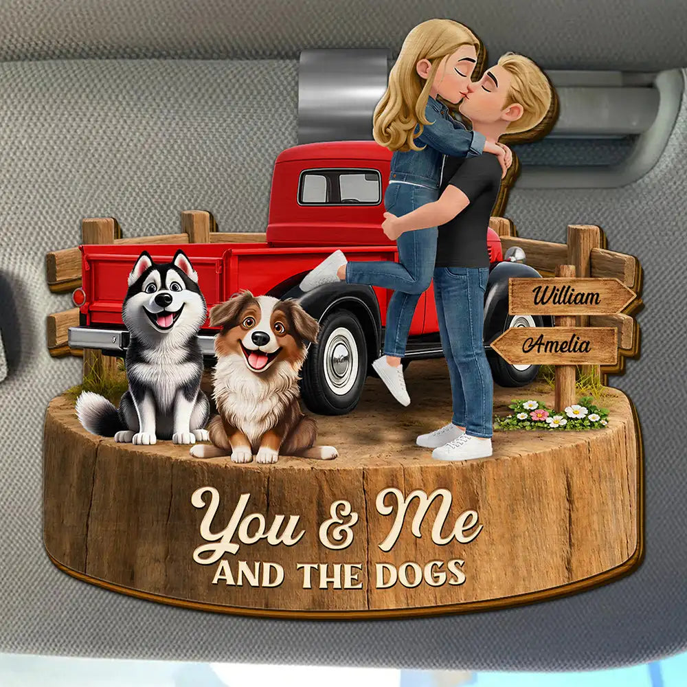 Flannel Couple You & Me And The Dogs - Personalized Custom Shaped Car Visor Clip