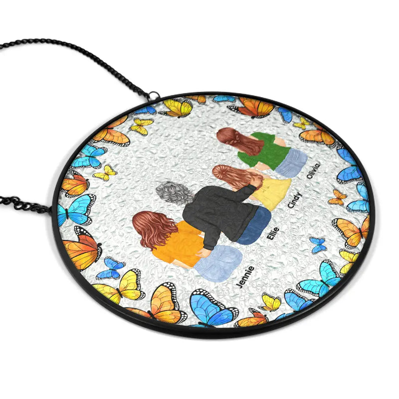 Gift For Wife,Gift For Women,Gift For Yourself,Gift For Mother,Gift For Aunt,Gift For Grandma,Gift For Daughter,Gift For Sisters,Single Mom,Mom - Daughters (Adult),Mom - Daughters (Young),Mom - Sons,Mom - Children,Grandma - Grandkids,Love - Floral Frame Grandma Mother And Children - Personalized Stained Glass Window Hanging Suncatcher
