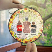 Gift For Wife,Gift For Women,Gift For Yourself,Gift For Mother,Gift For Aunt,Gift For Grandma,Gift For Daughter,Gift For Sisters,Single Mom,Mom - Daughters (Adult),Mom - Daughters (Young),Mom - Sons,Mom - Children,Grandma - Grandkids,Love - Floral Frame Grandma Mother And Children - Personalized Stained Glass Window Hanging Suncatcher