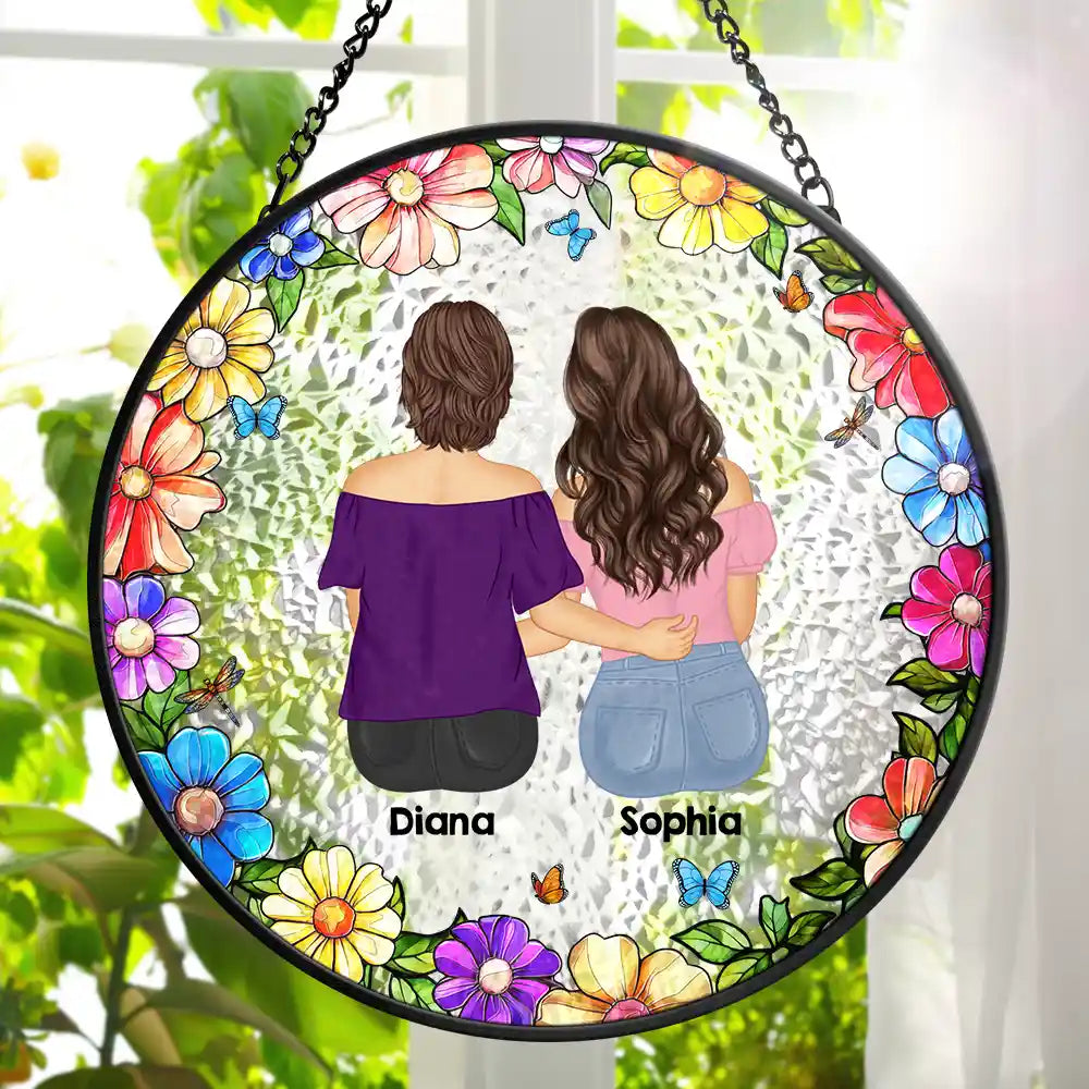 Gift For Wife,Gift For Women,Gift For Yourself,Gift For Mother,Gift For Aunt,Gift For Grandma,Gift For Daughter,Gift For Sisters,Single Mom,Mom - Daughters (Adult),Mom - Daughters (Young),Mom - Sons,Mom - Children,Grandma - Grandkids,Love - Floral Frame Grandma Mother And Children - Personalized Stained Glass Window Hanging Suncatcher