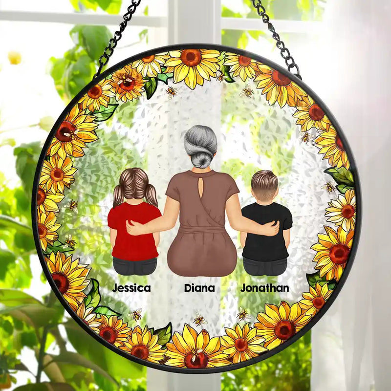 Gift For Wife,Gift For Women,Gift For Yourself,Gift For Mother,Gift For Aunt,Gift For Grandma,Gift For Daughter,Gift For Sisters,Single Mom,Mom - Daughters (Adult),Mom - Daughters (Young),Mom - Sons,Mom - Children,Grandma - Grandkids,Love - Floral Frame Grandma Mother And Children - Personalized Stained Glass Window Hanging Suncatcher