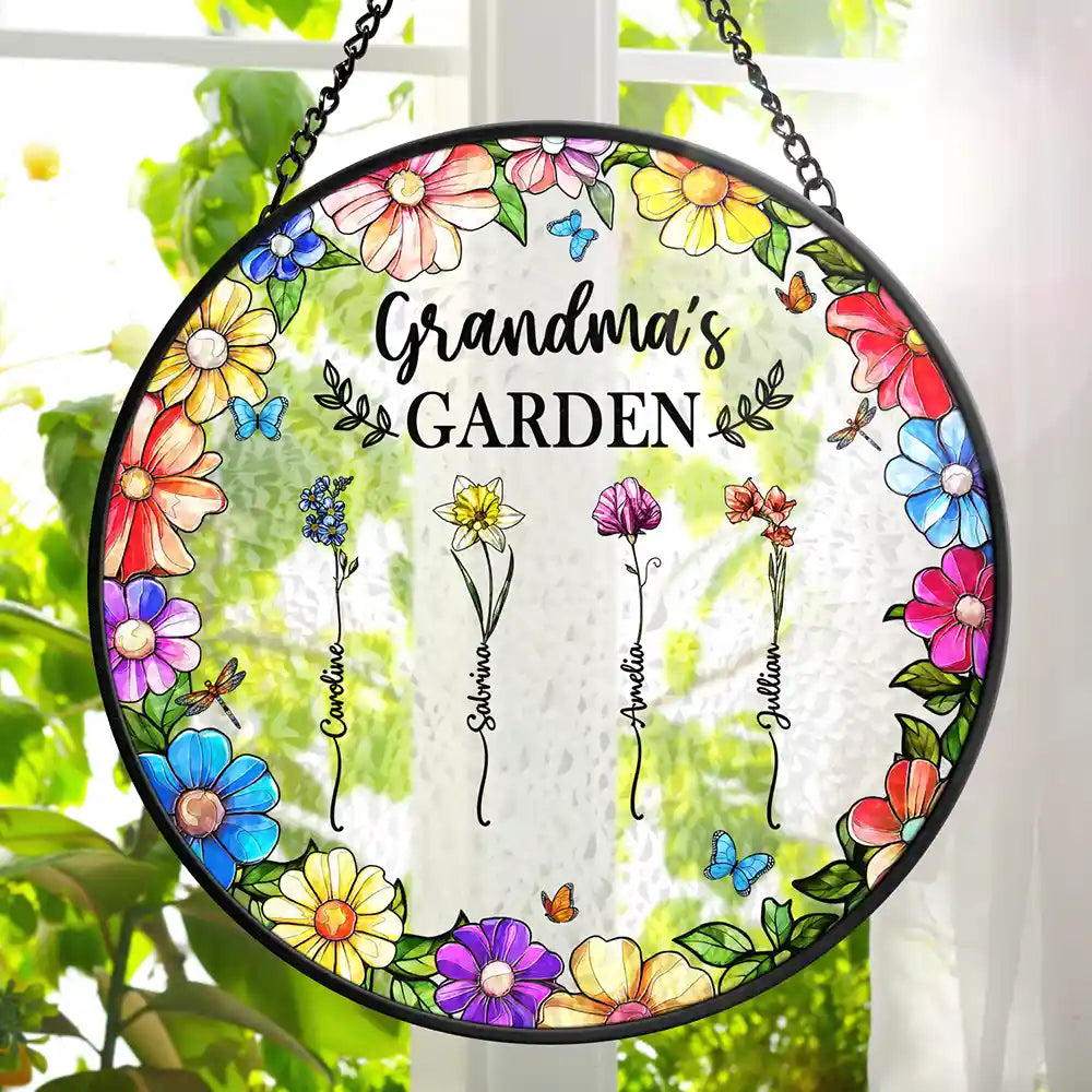 Gift For Women, Gift For Yourself, Gift For Mother, Gift For Grandma, Love - Floral Frame Birth Flower Grandma's Garden - Personalized Stained Glass Window Hanging Suncatcher