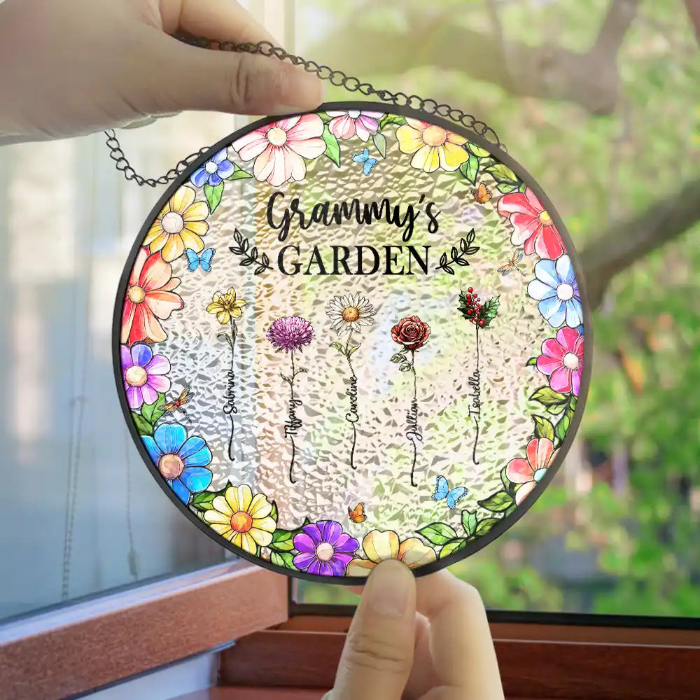 Gift For Women, Gift For Yourself, Gift For Mother, Gift For Grandma, Love - Floral Frame Birth Flower Grandma's Garden - Personalized Stained Glass Window Hanging Suncatcher