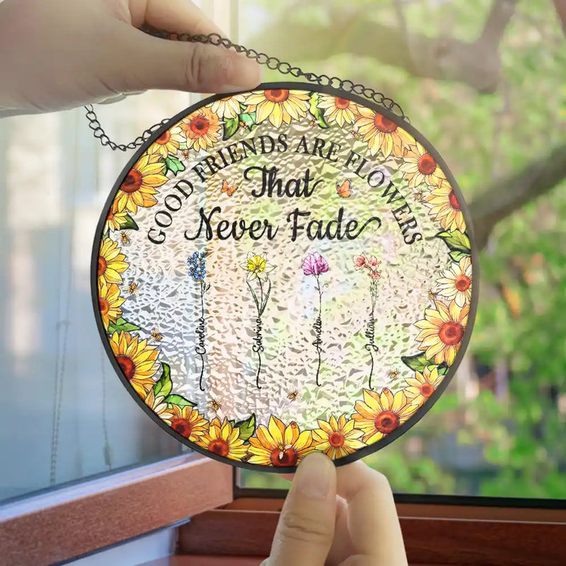 Gift For Women, Gift For Bestie, Old Best friends, Love - Floral Frame Grow An Old Friend - Personalized Stained Glass Window Hanging Suncatcher
