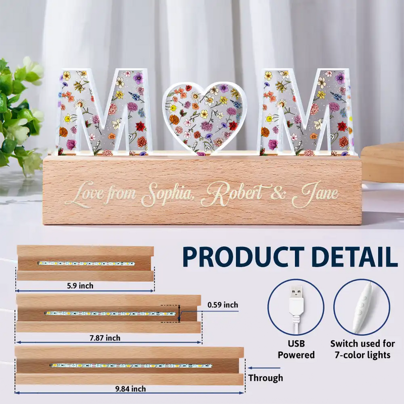Gift For Mother,Gift For Grandma,Gift For Bestie,Family - Floral Letter Mom Dad Family Love - Personalized Custom Shaped LED Light
