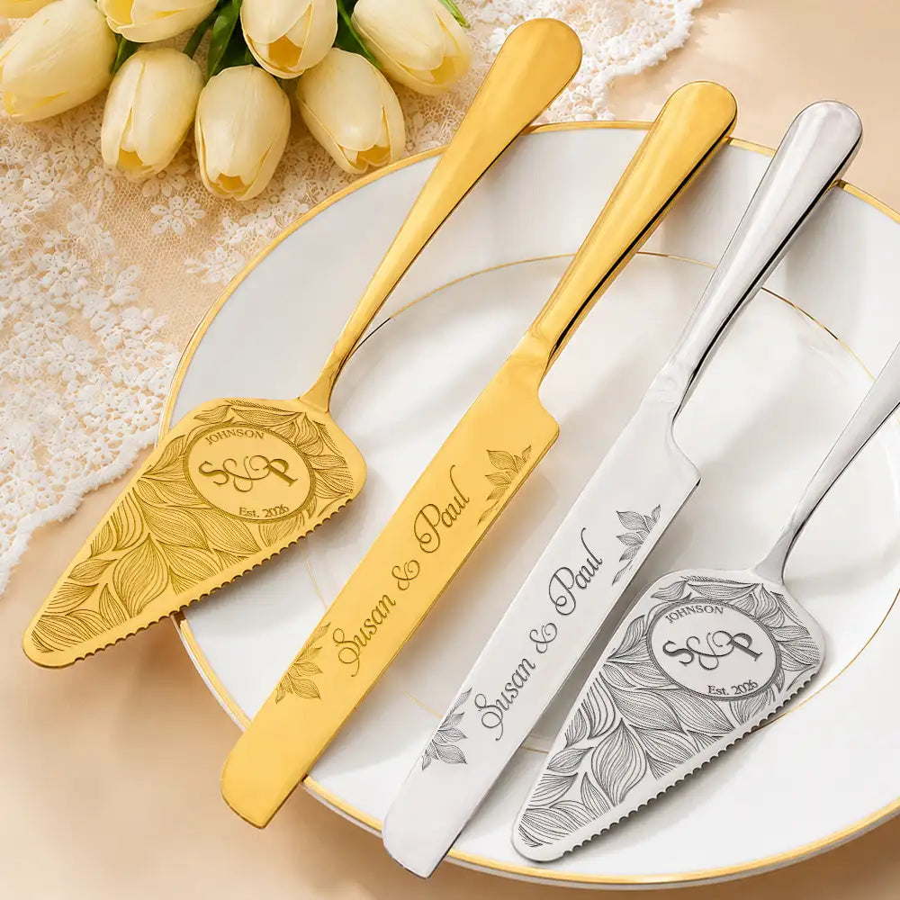 Romantic, Gift For Couples, Wedding, Custom Text - Floral Pattern Couple Wedding - Personalized Cake Cutting Set