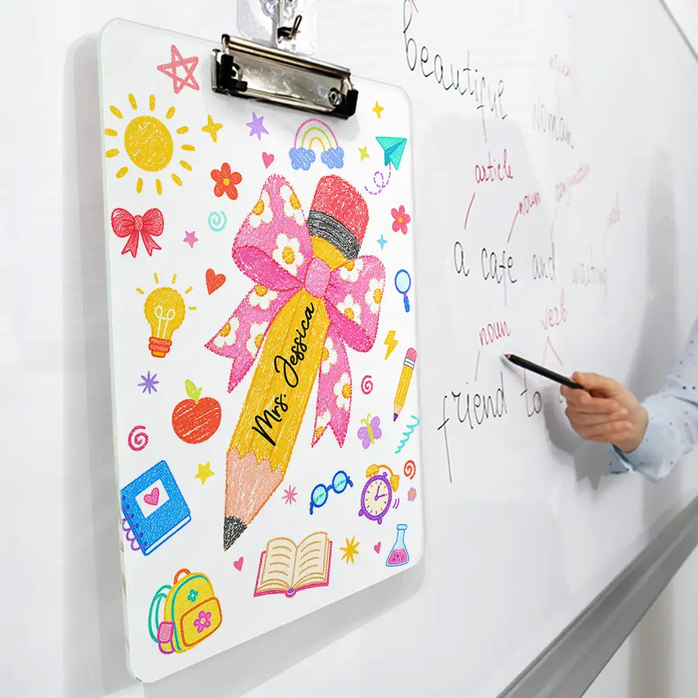 Back To School, Teacher, Adorable, Custom Text - Floral Pencil With Name - Personalized Acrylic Clipboard