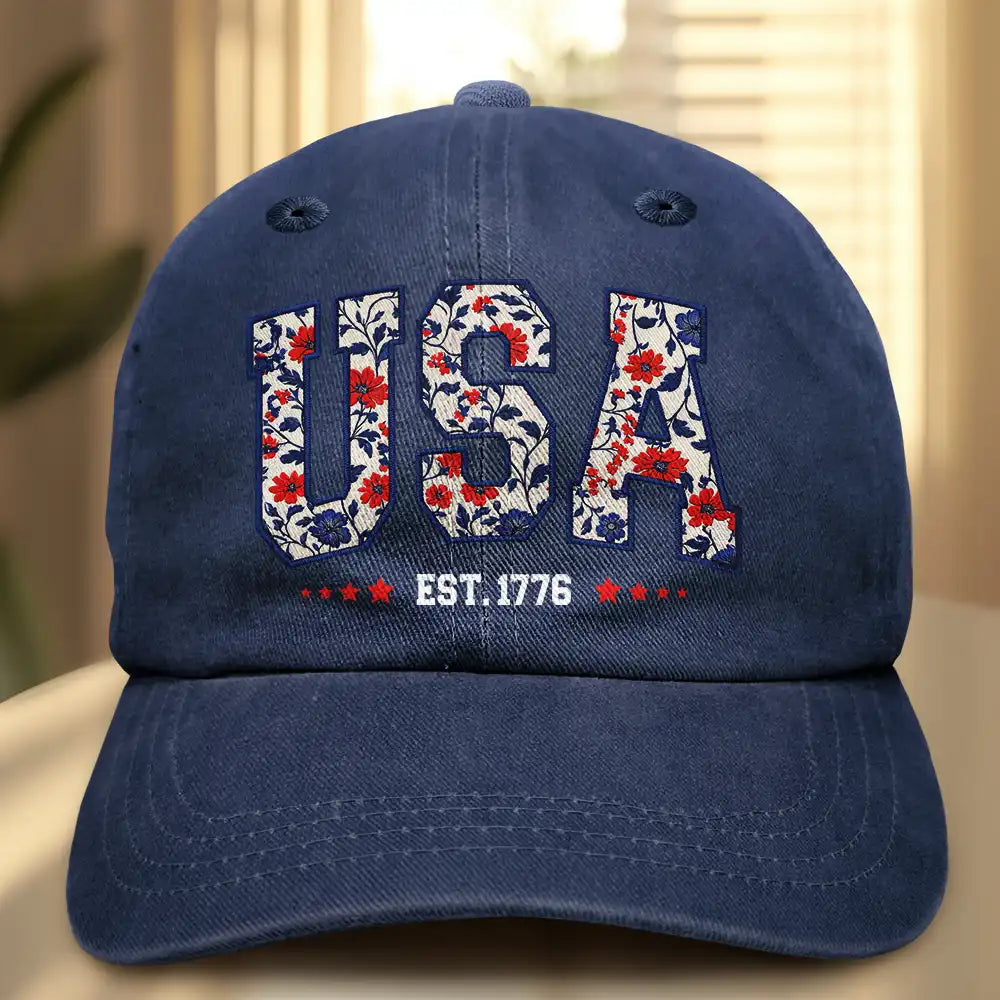 Independence Day,America 250th,Gift For Yourself,Happy,No Custom,Gift For Women,Gift For Men - Floral USA - Vintage Washed Denim Cap
