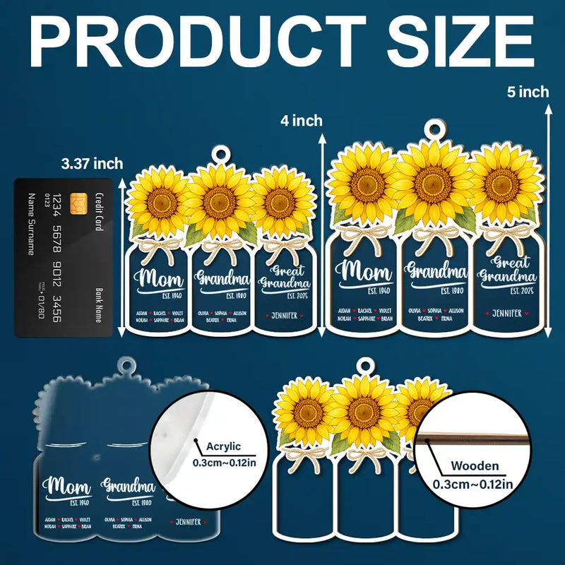 Gift For Women,Gift For Yourself,Gift For Mother,Gift For Grandma,Love,Christmas - Flower Mason Jar Mom Grandma Great Grandma - Personalized 2-Layered Mix Ornament