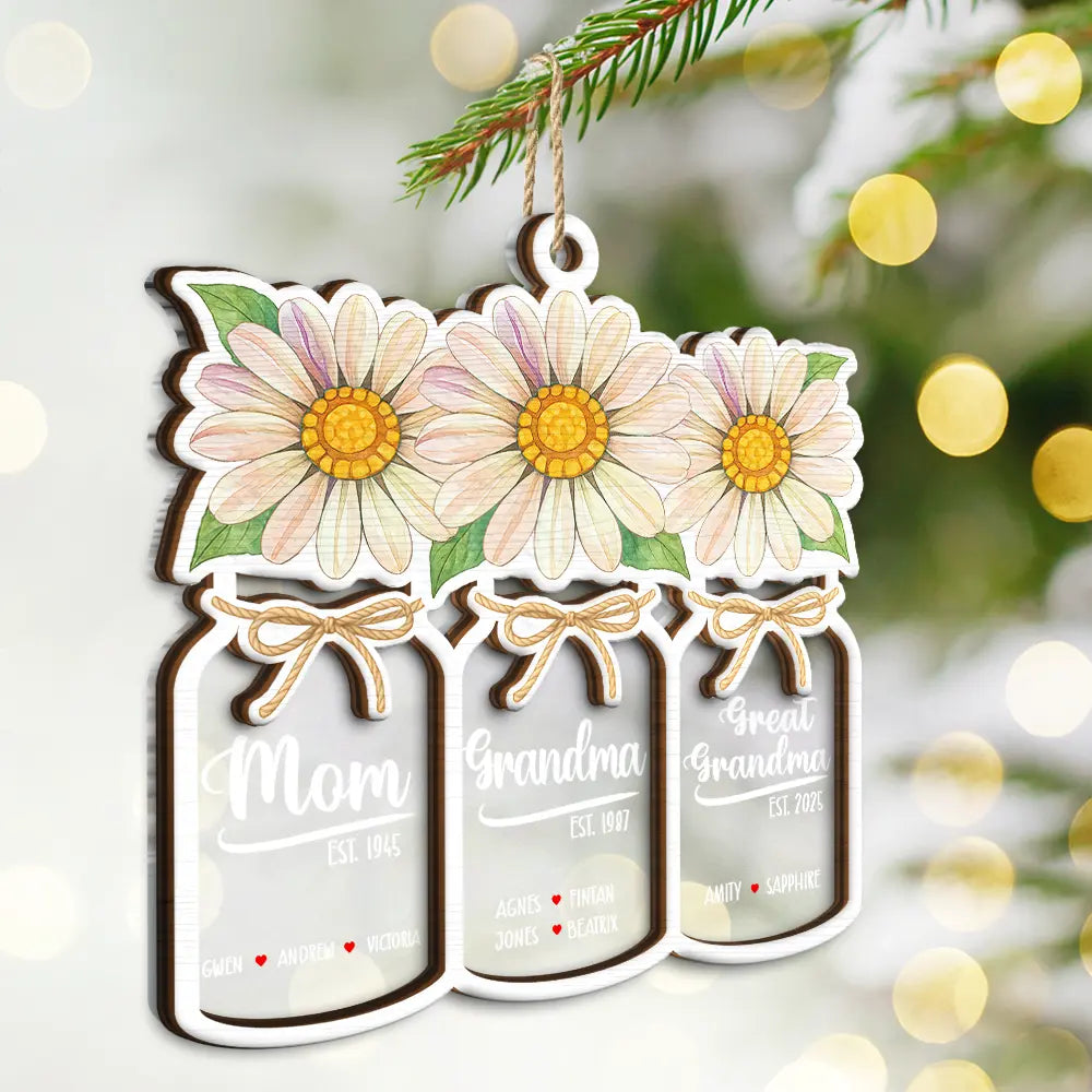 Gift For Women,Gift For Yourself,Gift For Mother,Gift For Grandma,Love,Christmas - Flower Mason Jar Mom Grandma Great Grandma - Personalized 2-Layered Mix Ornament