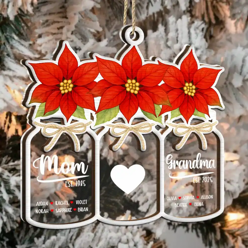 Gift For Women,Gift For Yourself,Gift For Mother,Gift For Grandma,Love,Christmas - Flower Mason Jar Mom Grandma Great Grandma - Personalized 2-Layered Mix Ornament