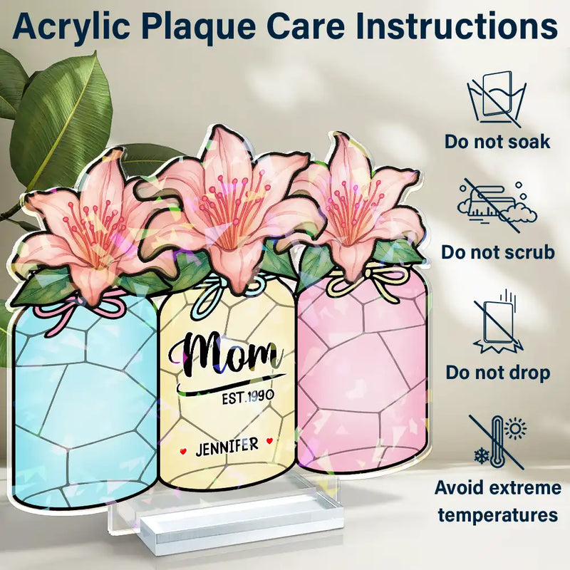 Gift For Yourself, Gift For Women, Gift For Mother, Gift For Grandma, Love - Flower Mason Jar Mom Grandma Great Grandma - Personalized Holographic Acrylic Plaque