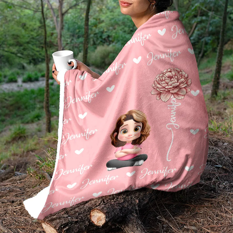 Gift For Kids,Gift For Grandkids,Happy - Flower Birth Month & Name Cute 3D Version - Personalized Fleece Blanket, Sherpa Blanket
