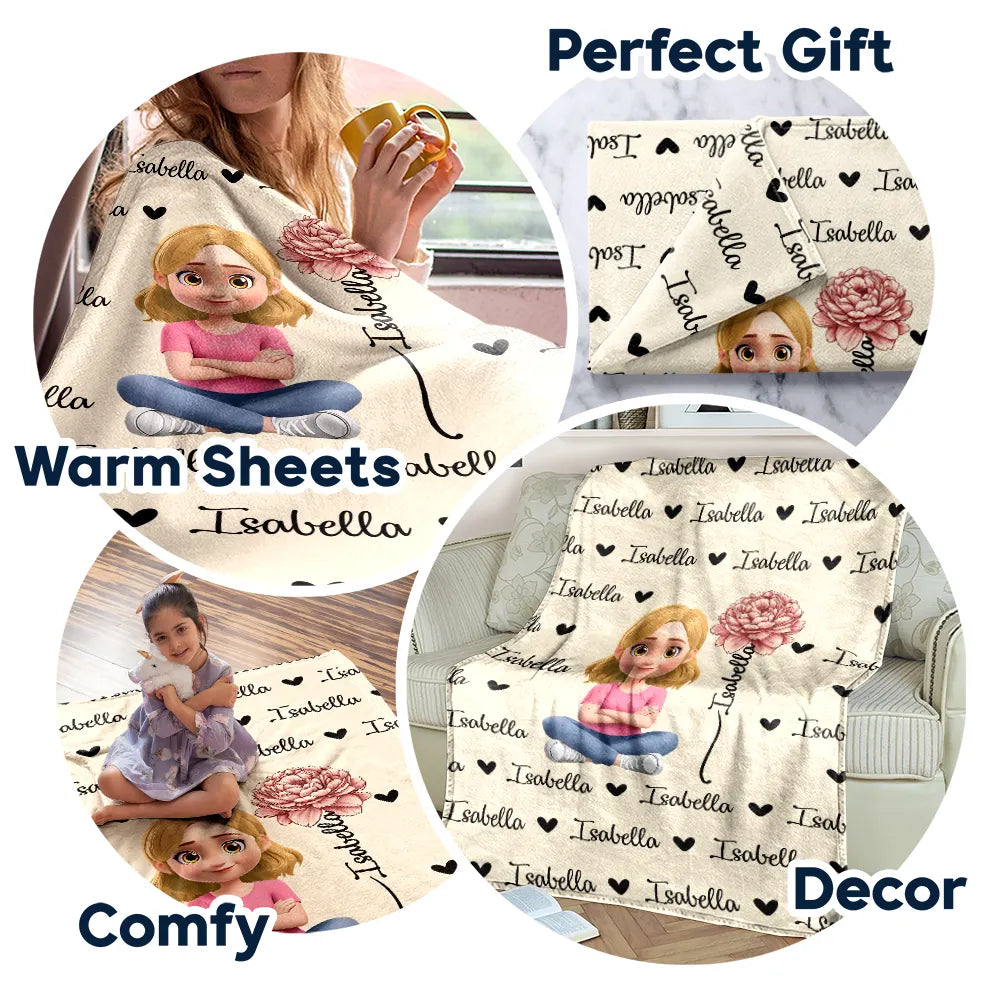 Gift For Kids,Gift For Grandkids,Happy - Flower Birth Month & Name Cute 3D Version - Personalized Fleece Blanket, Sherpa Blanket