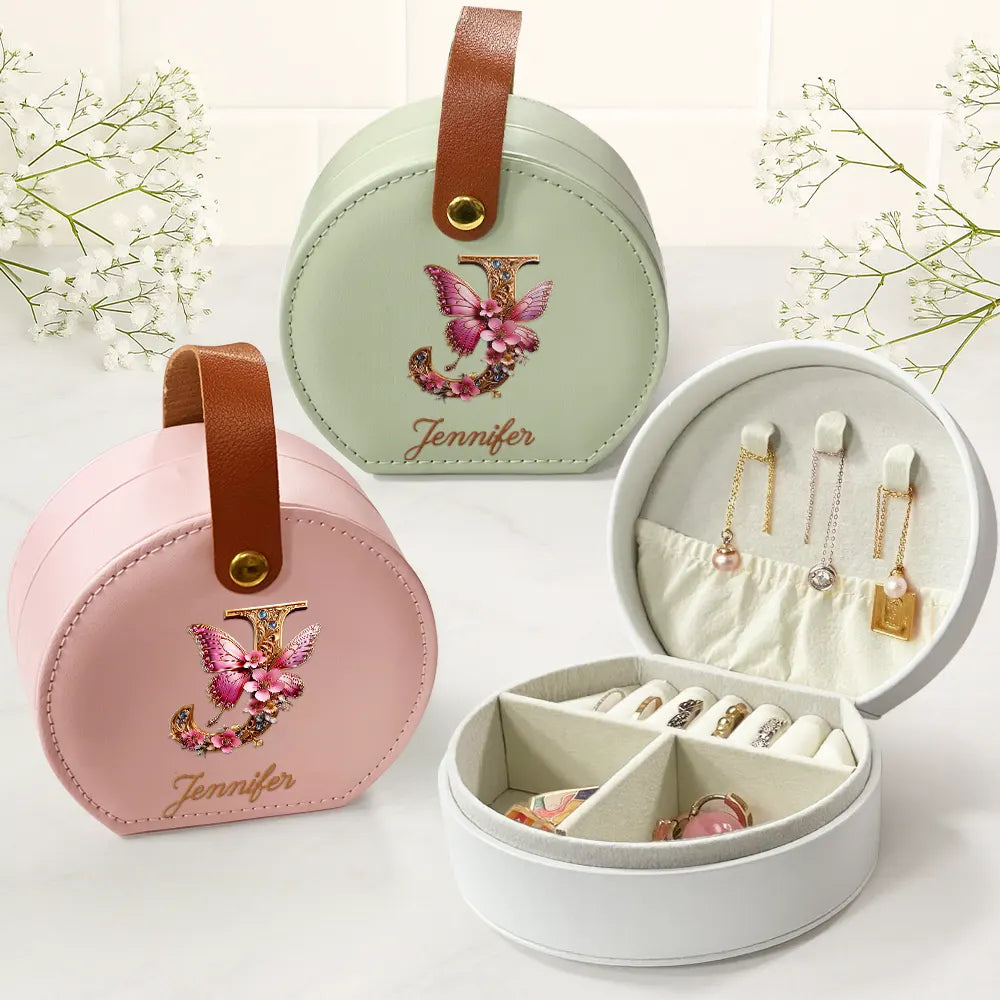 Gift For Yourself,Travel,Gift For Women,Summer,Happy - Flower Butterfly Monogram - Personalized Jewelry Box With Handle