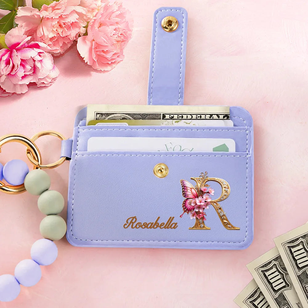 Gift For Yourself,Gift For Women,Happy,Gift For Bestie  - Flower Butterfly Monogram - Personalized Keychain Wristlet Leather Wallet