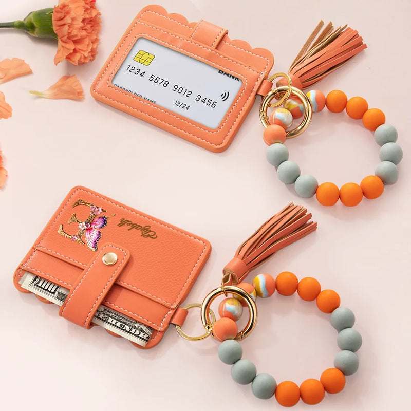 Gift For Yourself,Gift For Women,Happy,Gift For Bestie  - Flower Butterfly Monogram - Personalized Keychain Wristlet Leather Wallet