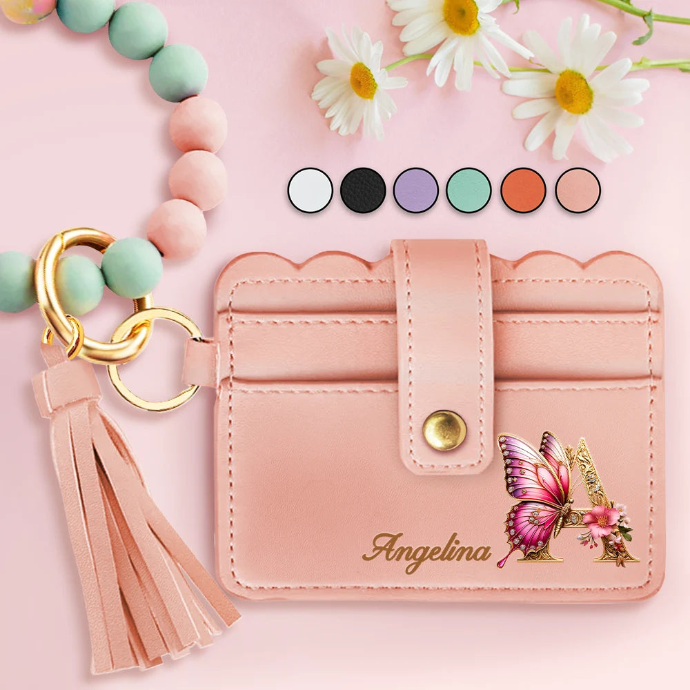 Flower Butterfly Monogram - Personalized Keychain Wristlet Leather Wallet