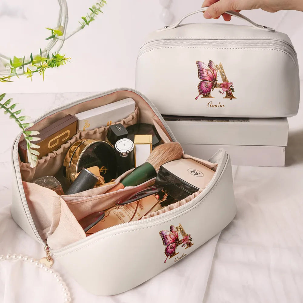 Gift For Yourself, Gift For Women, Happy - Flower Butterfly Monogram - Personalized Leather Makeup Bag