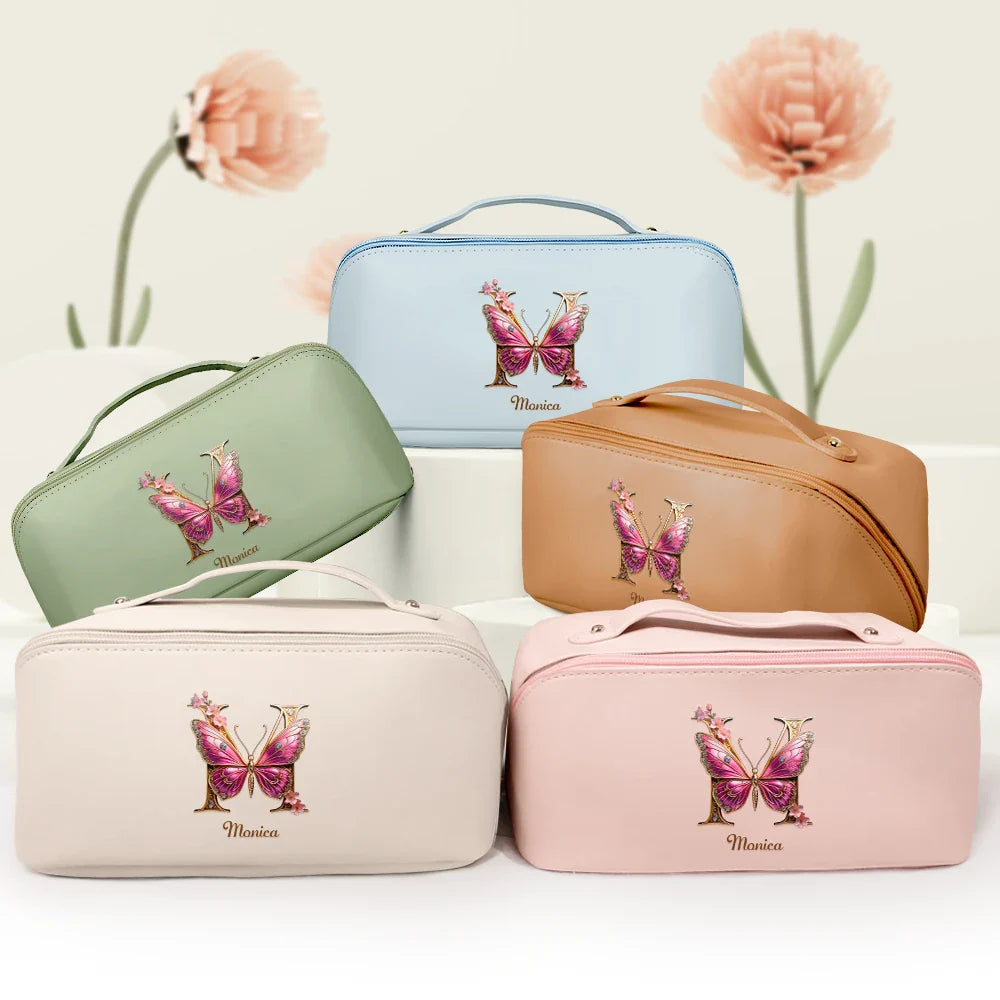 Gift For Yourself, Gift For Women, Happy - Flower Butterfly Monogram - Personalized Leather Makeup Bag