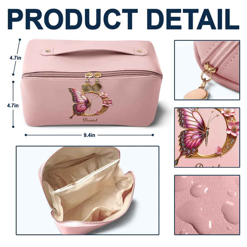 Gift For Yourself, Gift For Women, Happy - Flower Butterfly Monogram - Personalized Leather Makeup Bag