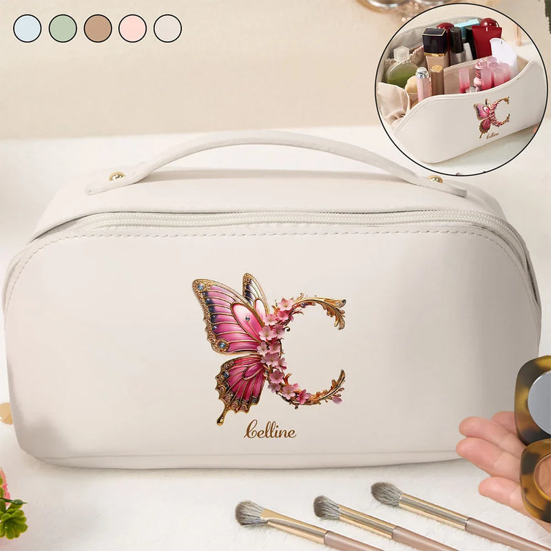 Flower Butterfly Monogram Personalized Leather Makeup Bag