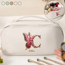Gift For Yourself, Gift For Women, Happy - Flower Butterfly Monogram - Personalized Leather Makeup Bag