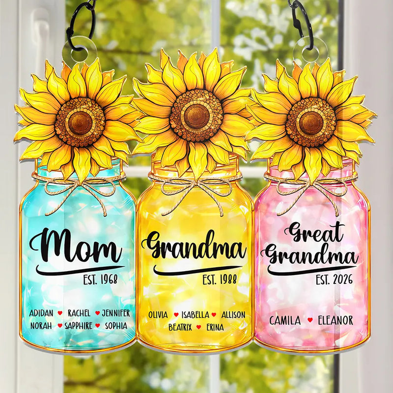 Gift For Grandma,Grandma - Grandkids,Happy,Icon - Flower Mason Jar Mom Grandma Stained Glass Effect - Personalized Window Hanging Suncatcher Ornament