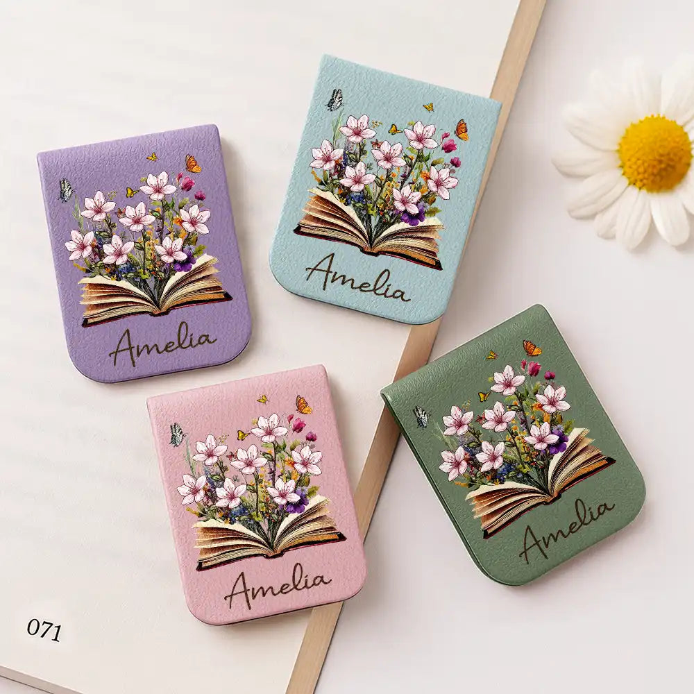 Reading, Gift For Yourself, Gift For Women, Happy - Flowers Growing From Book, Birth Month Flowers - Personalized Leather Magnetic Bookmark
