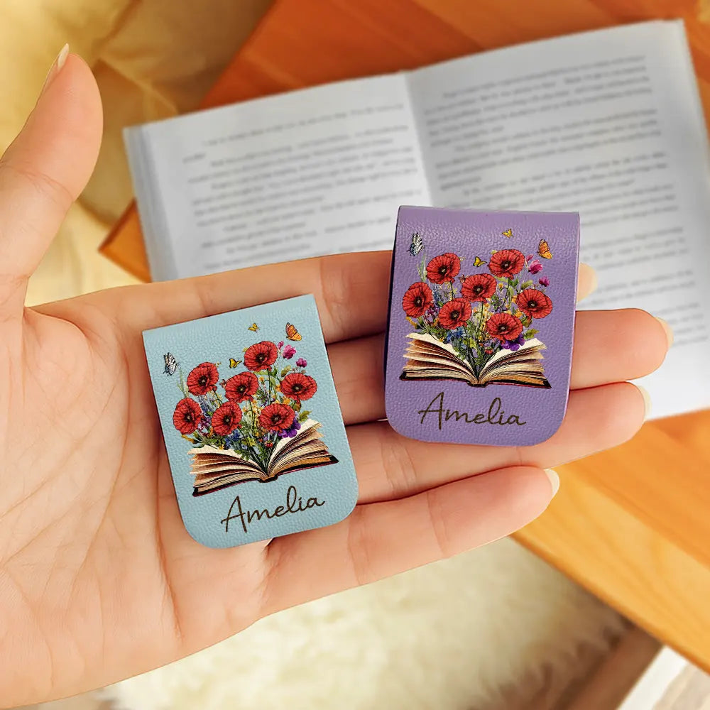 Reading, Gift For Yourself, Gift For Women, Happy - Flowers Growing From Book, Birth Month Flowers - Personalized Leather Magnetic Bookmark
