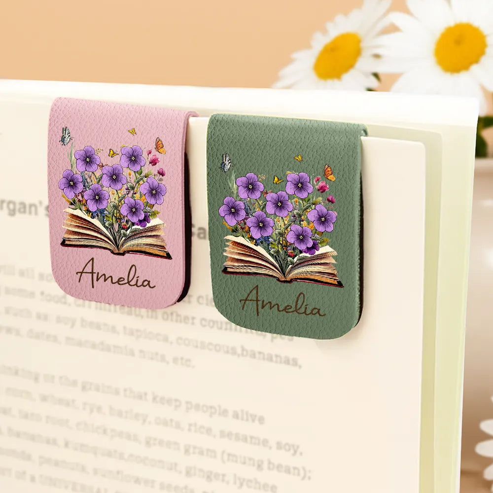 Reading, Gift For Yourself, Gift For Women, Happy - Flowers Growing From Book, Birth Month Flowers - Personalized Leather Magnetic Bookmark