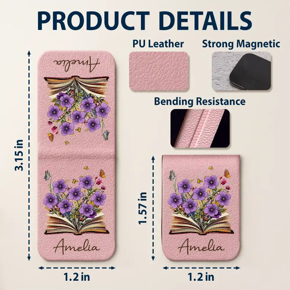Reading, Gift For Yourself, Gift For Women, Happy - Flowers Growing From Book, Birth Month Flowers - Personalized Leather Magnetic Bookmark