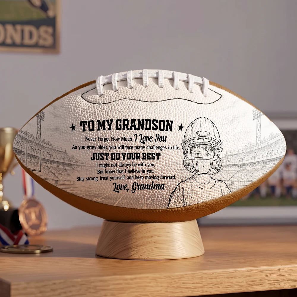 Art Design, Custom Photo, Football, Gift For Grandma, Gifts For Her, Grandma - Grandson, Photo - Pencil Sketch - Bold, Sentimental - Football Birthday Gift For Grandson - Personalized Custom Photo Pencil Sketch I Believe In You Leather Football