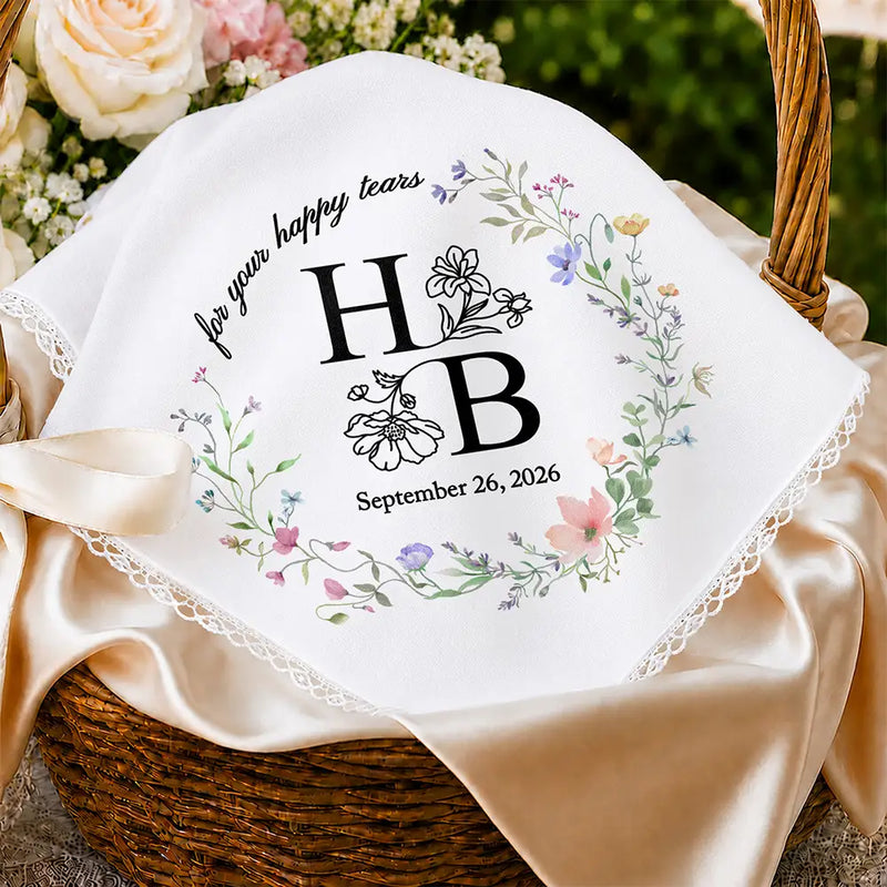 Sentimental,Gift For Yourself,Gift For Women,Wedding,Icon - For Your Happy Tears Couple Initials & Birth Flowers - Personalized Handkerchief