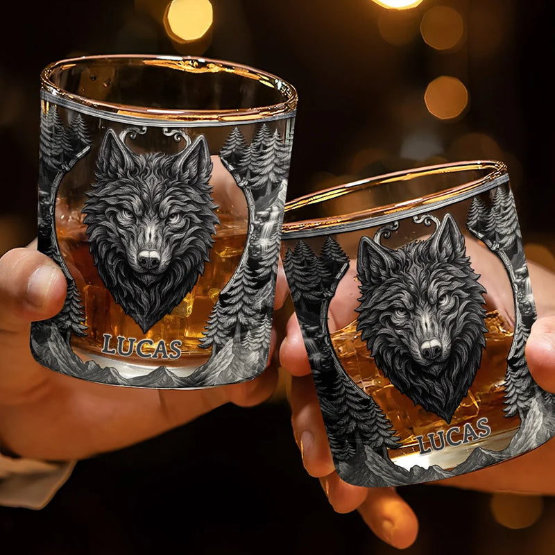 Gift For Yourself,Gift For Men,Happy - Forest Alpha Wolf Favorite Spirit Is Whiskey - Personalized Whiskey Glass