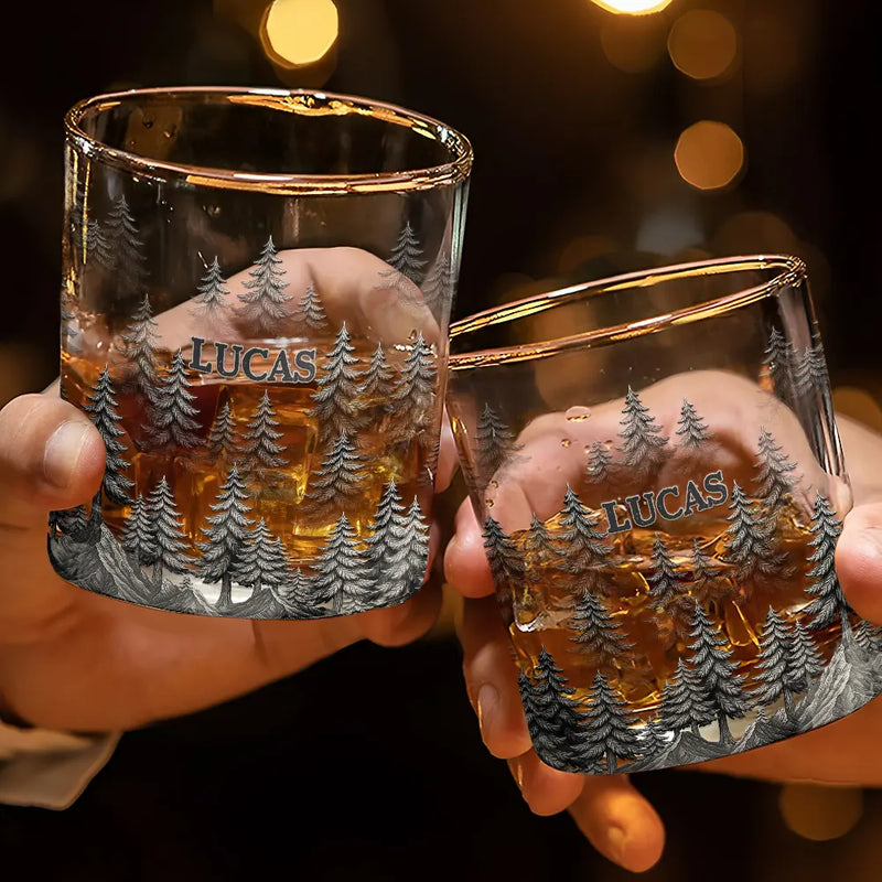 Gift For Men,Gift For Yourself,Dad's Hobby,Gift For Father,Happy - Forest & Clouds Camping Vibe Nature Inspired - Personalized Whiskey Glass