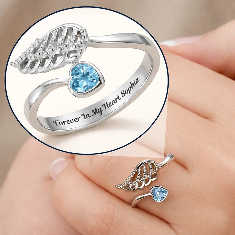 Memorial,Gift For Yourself,Gift For Women,Sad - Forever In My Heart Memorial - Personalized Wing And Heart Birthstone Ring