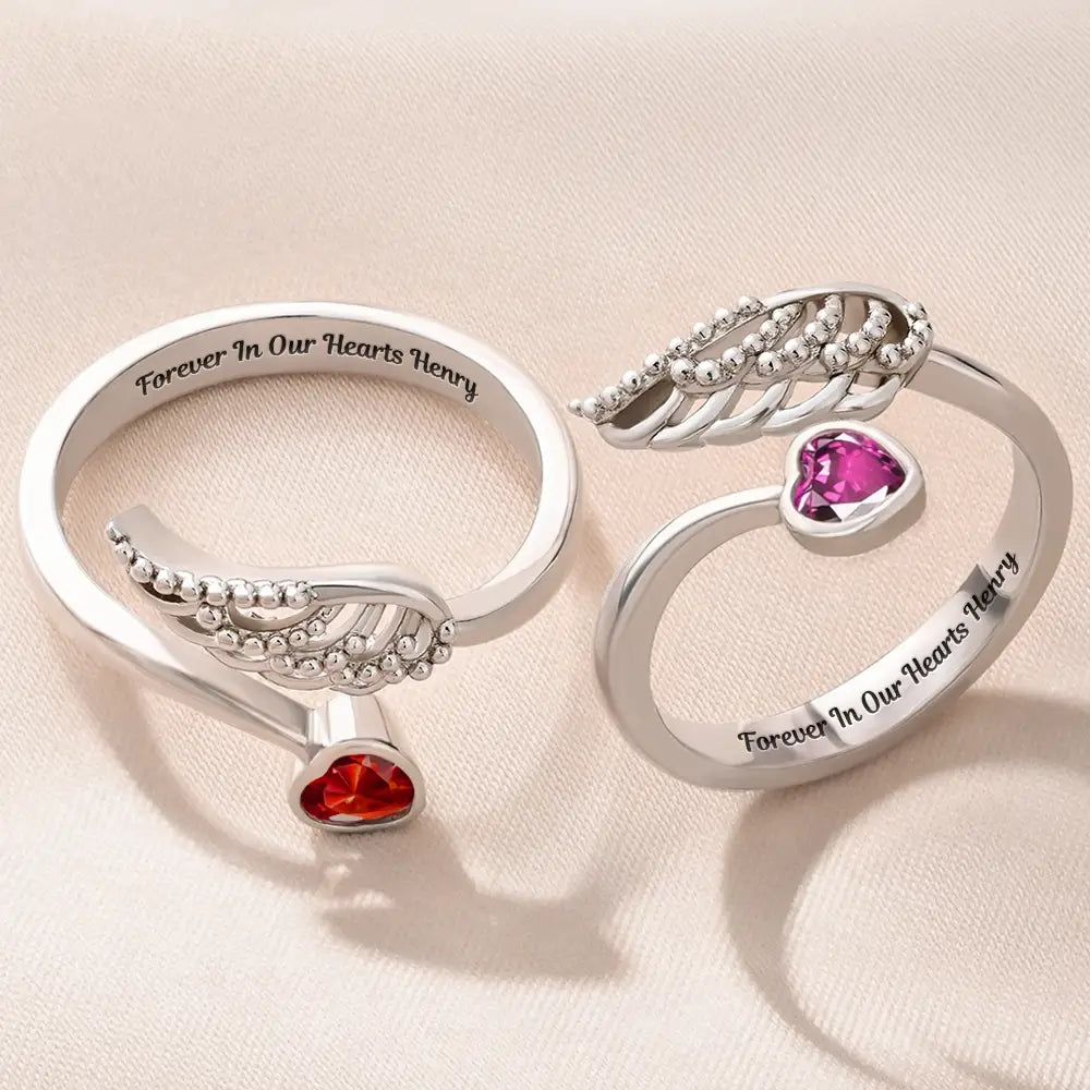 Memorial,Gift For Yourself,Gift For Women,Sad - Forever In My Heart Memorial - Personalized Wing And Heart Birthstone Ring