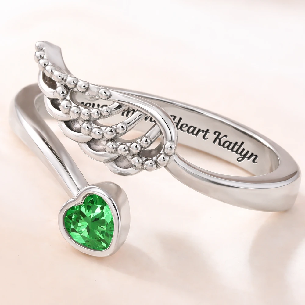 Memorial,Gift For Yourself,Gift For Women,Sad - Forever In My Heart Memorial - Personalized Wing And Heart Birthstone Ring