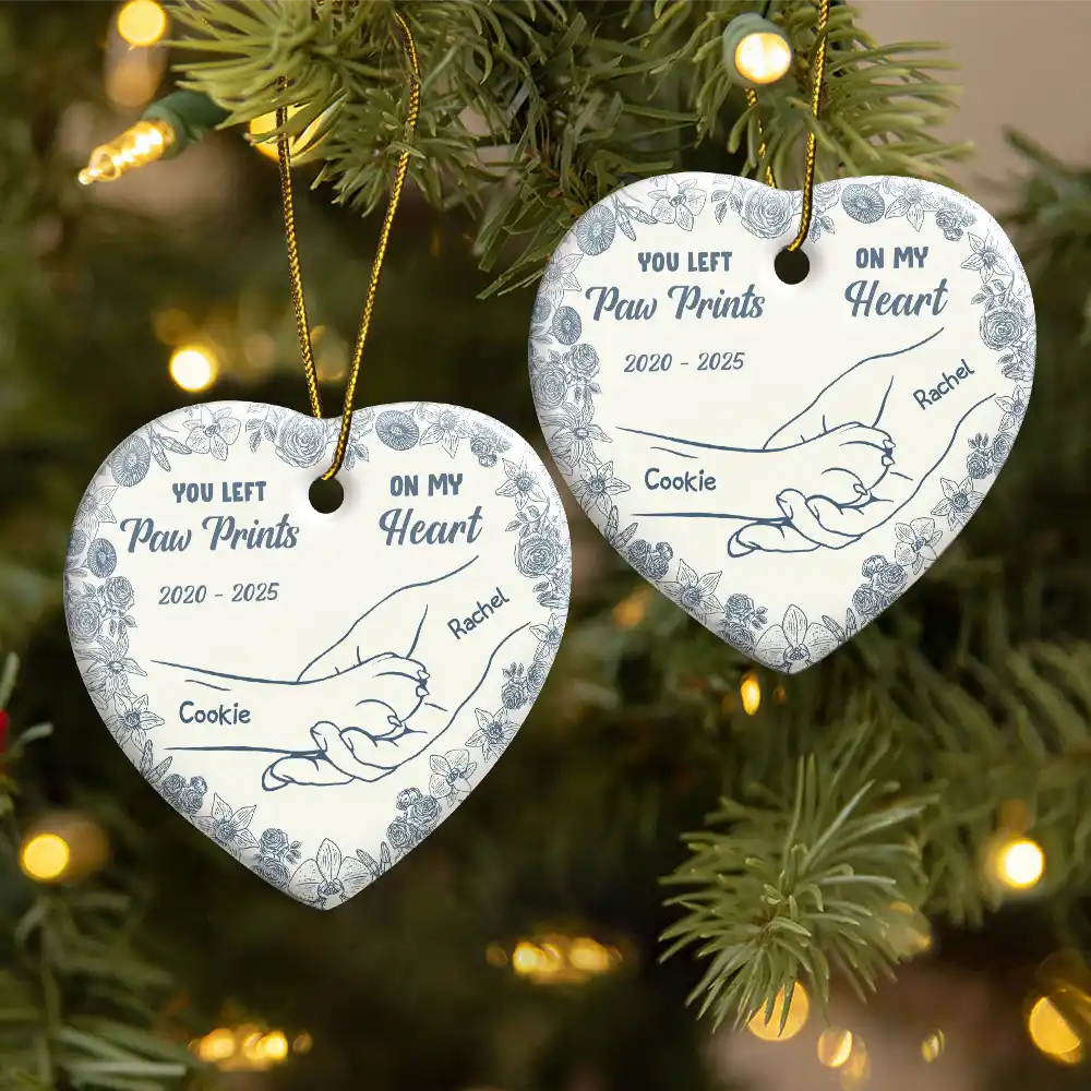Sad,Christmas,Pet Lovers,Memorial - Forever Loved Hand In Paw Toile Style - Personalized Heart Ceramic Ornament