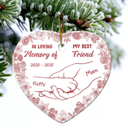 Sad,Christmas,Pet Lovers,Memorial - Forever Loved Hand In Paw Toile Style - Personalized Heart Ceramic Ornament